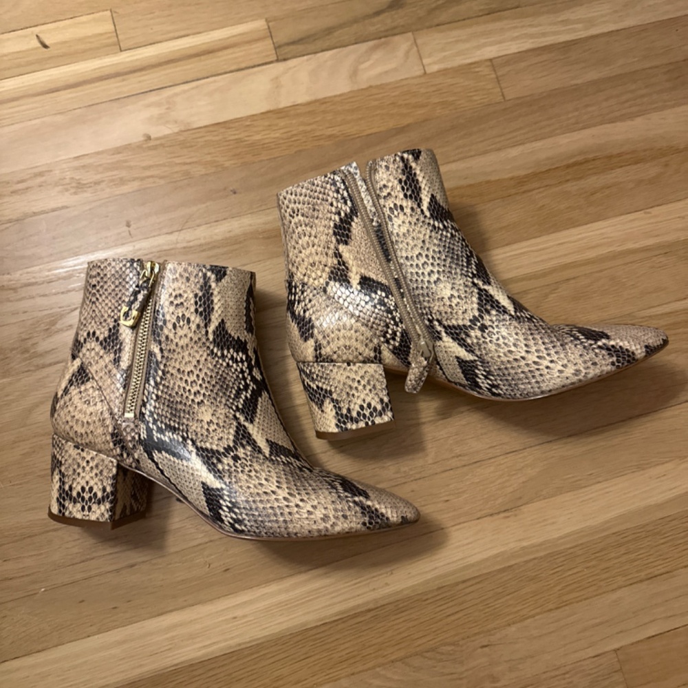 Snake print leather booties